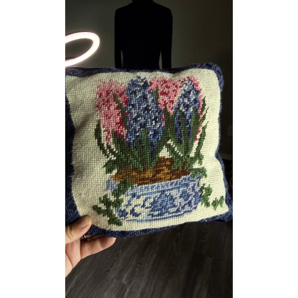 Vintage Needlepoint Floral Hyacinth Pillow Navy Blue Velvet Cottagecore 8x8
